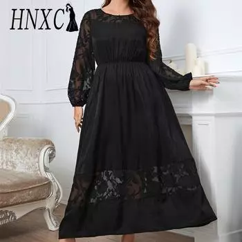 HNXC женские модные летние весенние однотонные повседневные платья с длинным рукавом и круглым вырезом с высокой талией и принтом XL чёрный