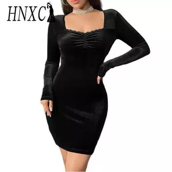 HNXC женские модные летние весенние однотонные повседневные платья с длинным рукавом и квадратным воротником с высокой талией и принтом S чёрный