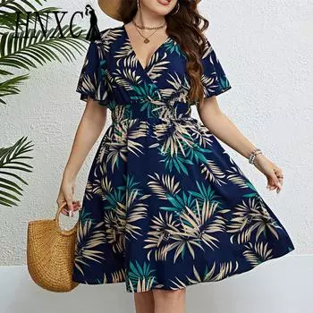 HNXC Женские модные летние весенние повседневные платья с коротким рукавом и v-образным вырезом с цветочным принтом XXXL синий
