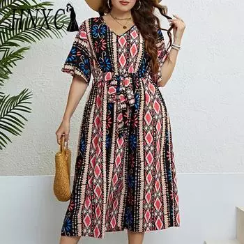 HNXC женские модные летние весенние повседневные платья с ромбовидным принтом и коротким рукавом, v-образным вырезом и высокой талией XL красный