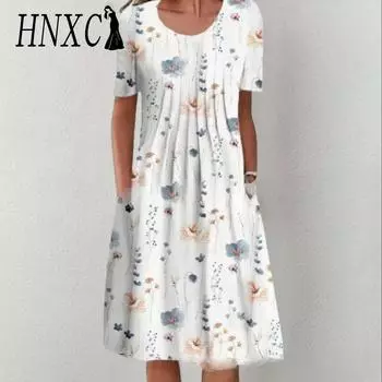 HNXC Женские модные летние весенние повседневные платья с коротким рукавом и круглым вырезом