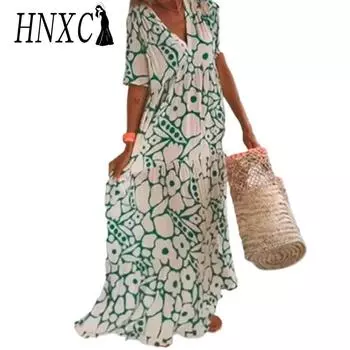 HNXC Женские модные летние весенние повседневные платья с коротким рукавом и v-образным вырезом с цветочным принтом S зелёный