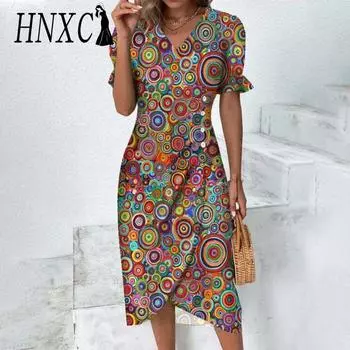 HNXC Женские модные летние весенние повседневные платья с короткими рукавами и v-образным вырезом S