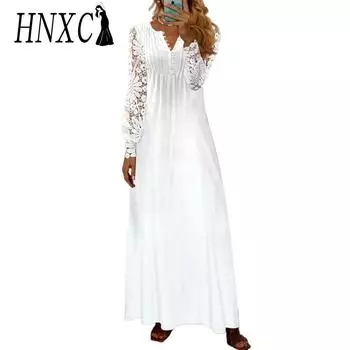 HNXC Женские модные летние весенние повседневные платья с v-образным вырезом и длинными рукавами с кружевным принтом