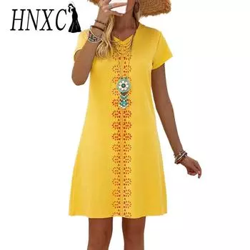 HNXC Женские модные летние весенние повседневные платья с коротким рукавом и v-образным вырезом с цветочным принтом S хаки