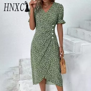 HNXC Женские модные летние весенние повседневные платья с коротким рукавом и v-образным вырезом с цветочным принтом S зелёный