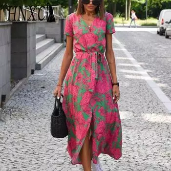 HNXC Женские модные летние весенние повседневные платья с коротким рукавом и v-образным вырезом с цветочным принтом S красный