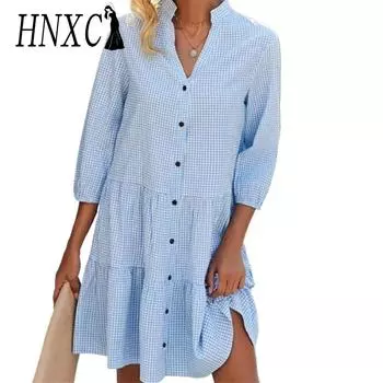 HNXC Женские модные летние весенние повседневные платья в клетку с рукавом 1/2 и v-образным вырезом S синий