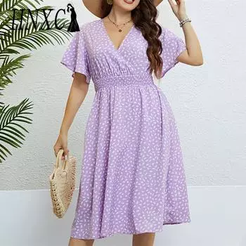 HNXC женские модные летние весенние повседневные платья в горошек с короткими рукавами и v-образным вырезом и высокой талией XL фиолетовый