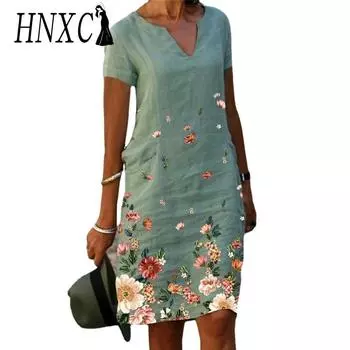 HNXC Женские модные летние весенние повседневные платья с коротким рукавом и v-образным вырезом с цветочным принтом S белый