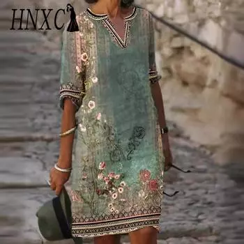 HNXC Женские модные летние весенние повседневные платья с коротким рукавом и v-образным вырезом с цветочным принтом S зелёный