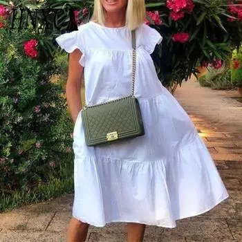 HNXC Женские модные летние весенние повседневные платья с коротким рукавом и круглым вырезом S белый