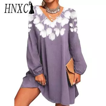 HNXC Женские модные летние весенние повседневные платья с длинным рукавом и v-образным вырезом с цветочным принтом S красный
