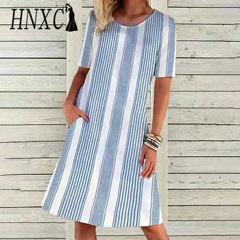 HNXC Женские модные летние весенние повседневные платья с коротким рукавом и круглым вырезом S светло-синий