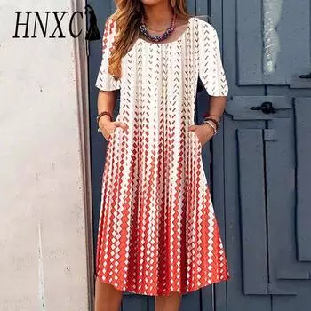 HNXC Женские модные летние весенние повседневные платья с коротким рукавом и круглым вырезом S красный