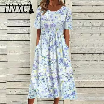 HNXC Женские модные летние весенние повседневные платья с коротким рукавом и круглым вырезом S
