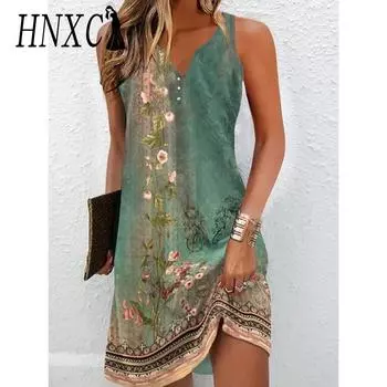 HNXC Женские модные летние весенние повседневные платья с коротким рукавом и v-образным вырезом с цветочным принтом S