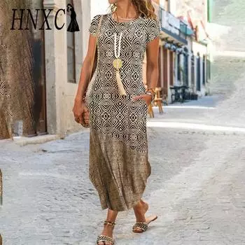 HNXC Женские модные летние весенние повседневные платья с коротким рукавом и круглым вырезом S