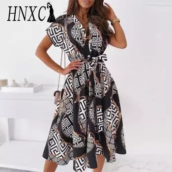 HNXC Женские модные летние весенние повседневные платья с короткими рукавами и v-образным вырезом S чёрный