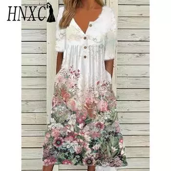 HNXC Женские модные летние весенние повседневные платья с короткими рукавами и v-образным вырезом S