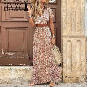 HNXC Женские модные летние весенние повседневные платья с коротким рукавом и v-образным вырезом с цветочным принтом S красный