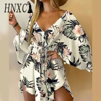 HNXC Женские модные летние весенние повседневные платья с коротким рукавом и v-образным вырезом с цветочным принтом S