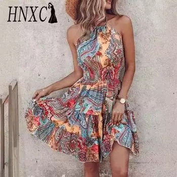 HNXC Женские модные летние весенние повседневные платья без рукавов с цветочным принтом S светло-фиолетовый