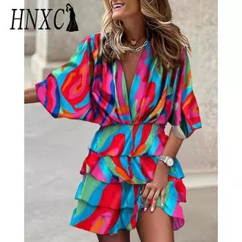 HNXC Женские модные летние весенние повседневные платья с коротким рукавом и v-образным вырезом с цветочным принтом S разноцветный