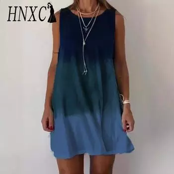 HNXC Женские модные летние весенние повседневные платья с коротким рукавом и круглым вырезом S синий