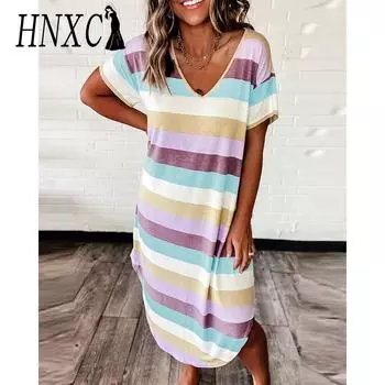 HNXC Женские модные летние весенние повседневные платья с короткими рукавами и v-образным вырезом S лавандовый
