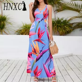 HNXC Женские модные летние весенние повседневные платья без рукавов с v-образным вырезом и высокой талией с цветочным принтом S чёрный