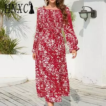 HNXC женские модные летние весенние повседневные платья с длинным рукавом и квадратным воротником с цветочным принтом и высокой талией S чёрный