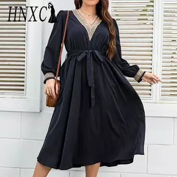 HNXC женские модные осенне-зимние однотонные повседневные платья с длинным рукавом и v-образным вырезом и высокой талией