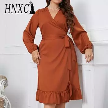 HNXC женские модные осенне-зимние однотонные повседневные платья с длинным рукавом и v-образным вырезом и высокой талией XL коричневый