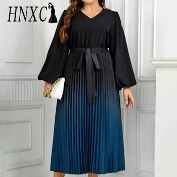 HNXC Женские модные осенне-зимние однотонные повседневные платья с длинным рукавом и v-образным вырезом с принтом