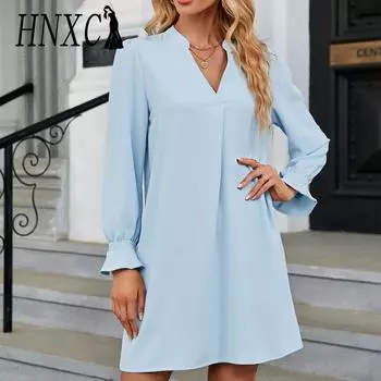 HNXC Женские модные осенне-зимние однотонные повседневные платья с длинным рукавом и v-образным вырезом с принтом S чёрный