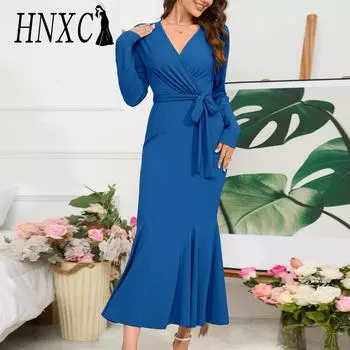 HNXC женские модные осенне-зимние однотонные повседневные платья с длинным рукавом и v-образным вырезом и высокой талией S синий