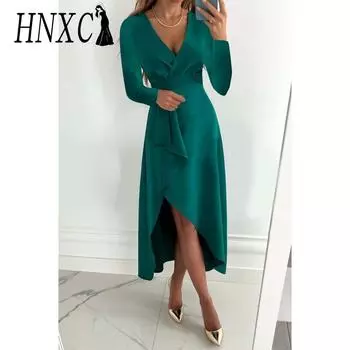 HNXC Женские модные осенне-зимние однотонные повседневные платья с длинным рукавом и v-образным вырезом с принтом S красный
