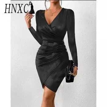 HNXC женские модные осенне-зимние однотонные повседневные платья с длинным рукавом и v-образным вырезом и высокой талией S чёрный