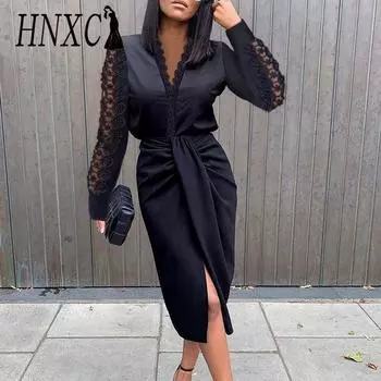 HNXC Женские модные осенне-зимние однотонные повседневные платья с длинным рукавом и v-образным вырезом с принтом S белый