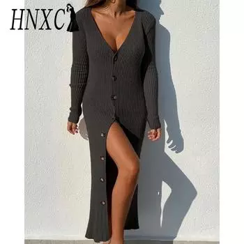 HNXC Женские модные осенне-зимние однотонные повседневные платья с длинным рукавом и v-образным вырезом с принтом S чёрный