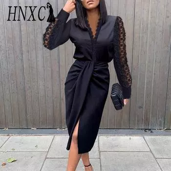 HNXC Женские модные осенне-зимние однотонные повседневные платья с длинным рукавом и v-образным вырезом с принтом S белый