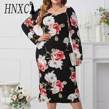 HNXC женские модные осенне-зимние повседневные платья с цветочным принтом и длинным рукавом и квадратным воротником с высокой талией XL чёрный
