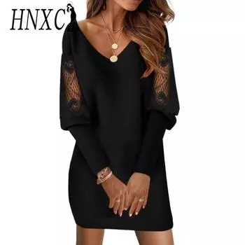 HNXC Женские модные осенне-зимние повседневные платья с v-образным вырезом и длинными рукавами с кружевным принтом