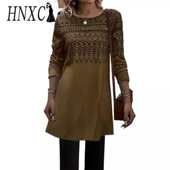 HNXC Женские модные осенне-зимние повседневные платья с длинным рукавом и круглым вырезом с цветочным принтом S коричневый