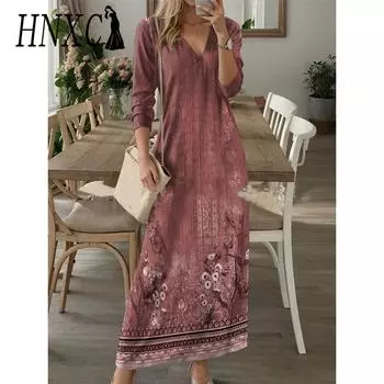 HNXC Женские модные осенне-зимние повседневные платья с длинным рукавом и v-образным вырезом S