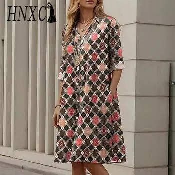 HNXC Женские модные осенне-зимние повседневные платья с длинным рукавом и v-образным вырезом и высокой талией S
