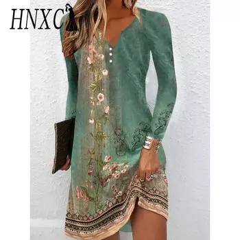 HNXC Женские модные осенне-зимние повседневные платья с длинным рукавом и v-образным вырезом и высокой талией S зелёный