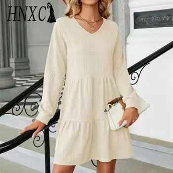 HNXC Женские модные осенне-зимние весенние однотонные повседневные платья с длинным рукавом и v-образным вырезом с принтом S чёрный