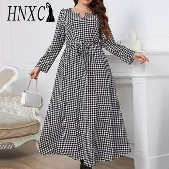 HNXC Женские модные осенние платья Повседневные платья с длинным рукавом и круглым вырезом в клетку с принтом XL чёрный